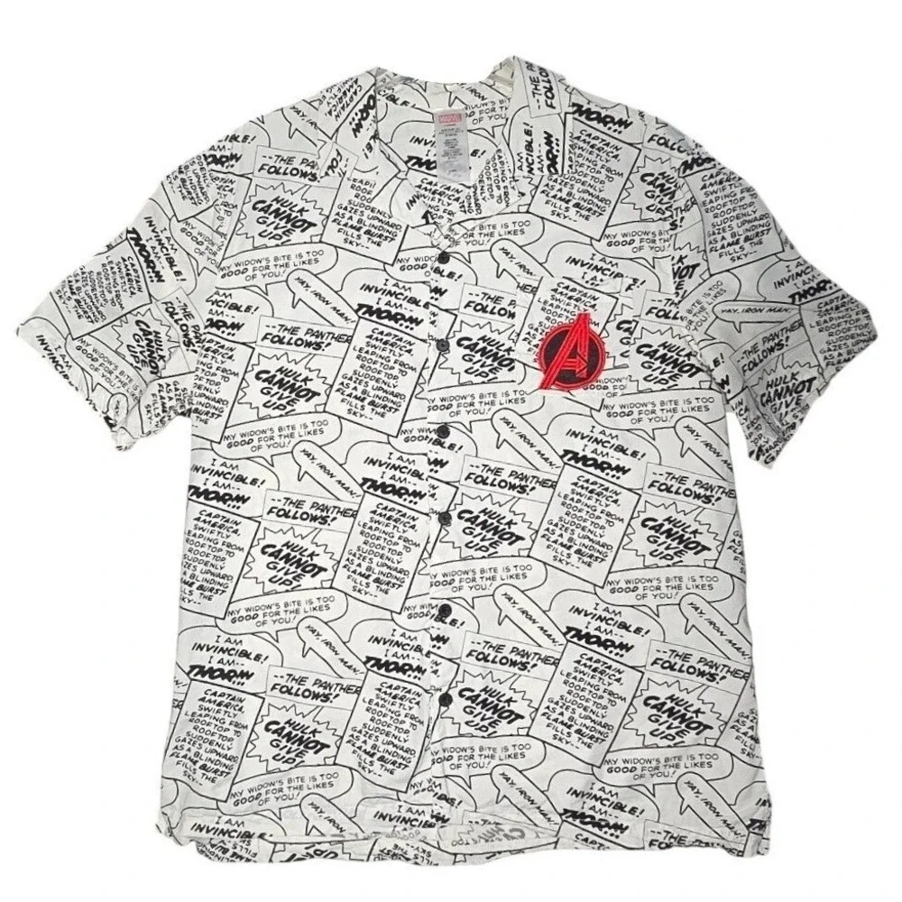 Marvel Avengers Comic Book Print Button Up Shirt‎ Large White Black Red L NWOT
